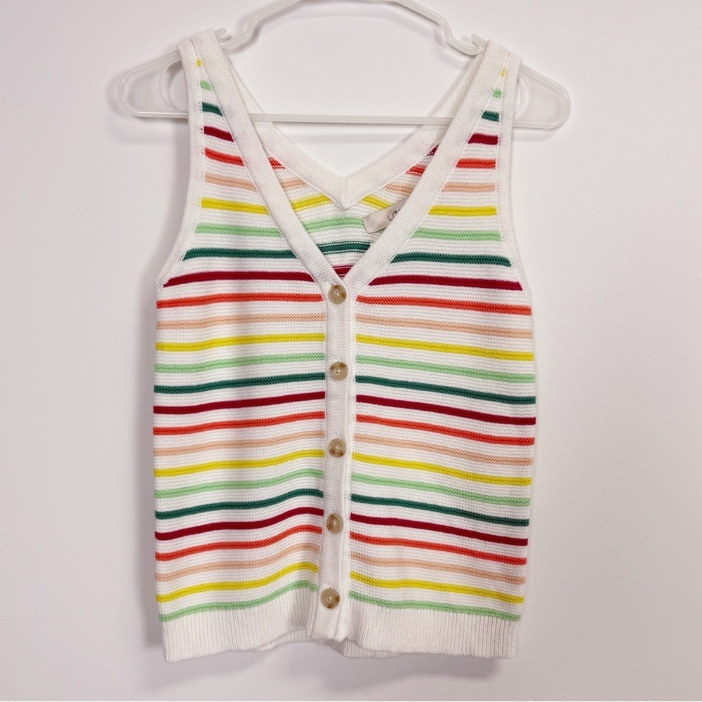 Loft Sweater Womens Size XS Rainbow Multicolor Striped Knit Button Up Vest NWT
